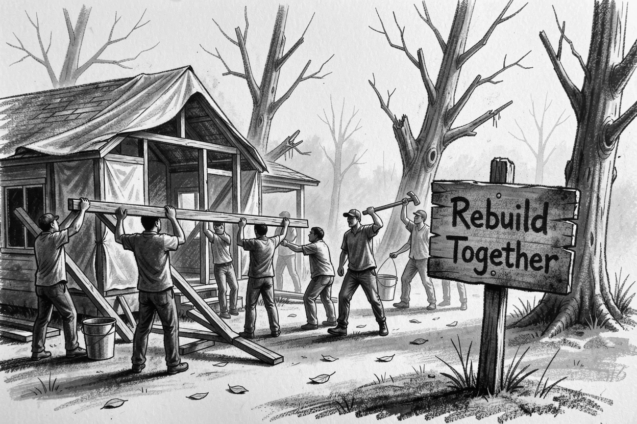A community coming together to rebuild after a storm, on a quiet, peaceful afternoon.