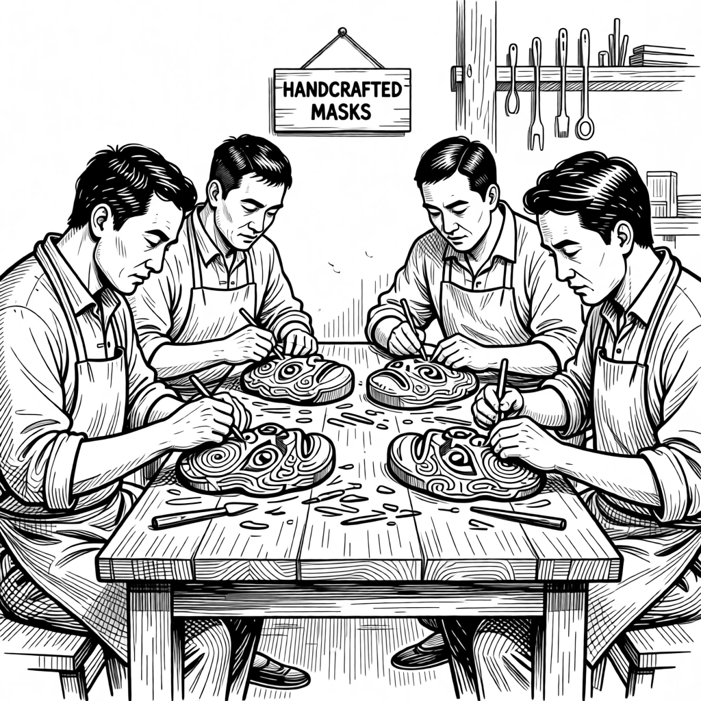 A group of craftsmen carving traditional wooden masks by hand.