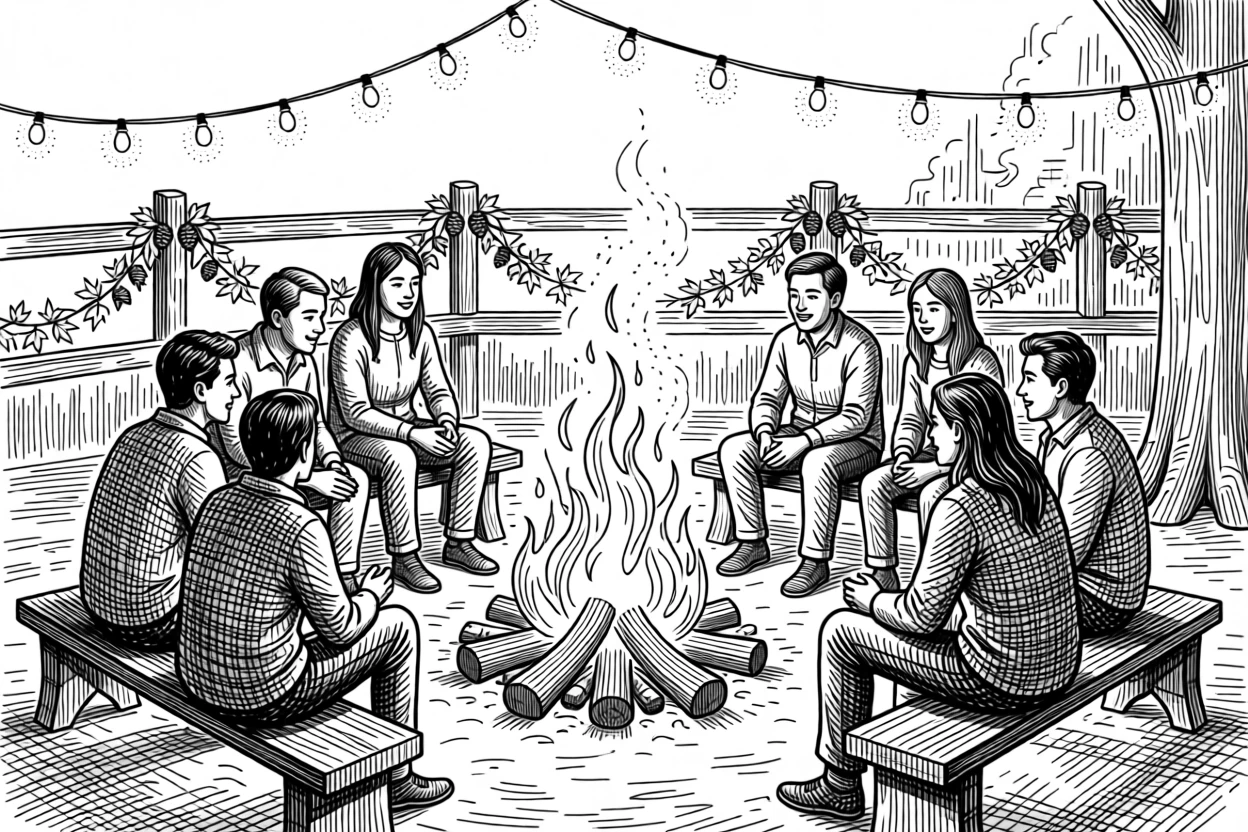 A bonfire surrounded by friends on a crisp autumn night beneath strings of warm glowing lights, with garlands draped along a wooden railing, capturing a peacefully magical seasonal moment.