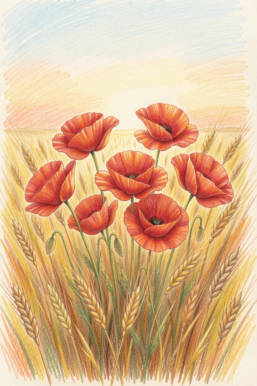 A cluster of poppies swaying in a golden wheat field, bathed in the warm glow of golden-hour light, evoking warmth, beauty, and a lasting sense of wonder.