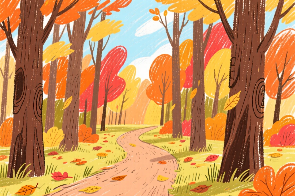 A narrow dirt path winding through a dense autumn woodland.