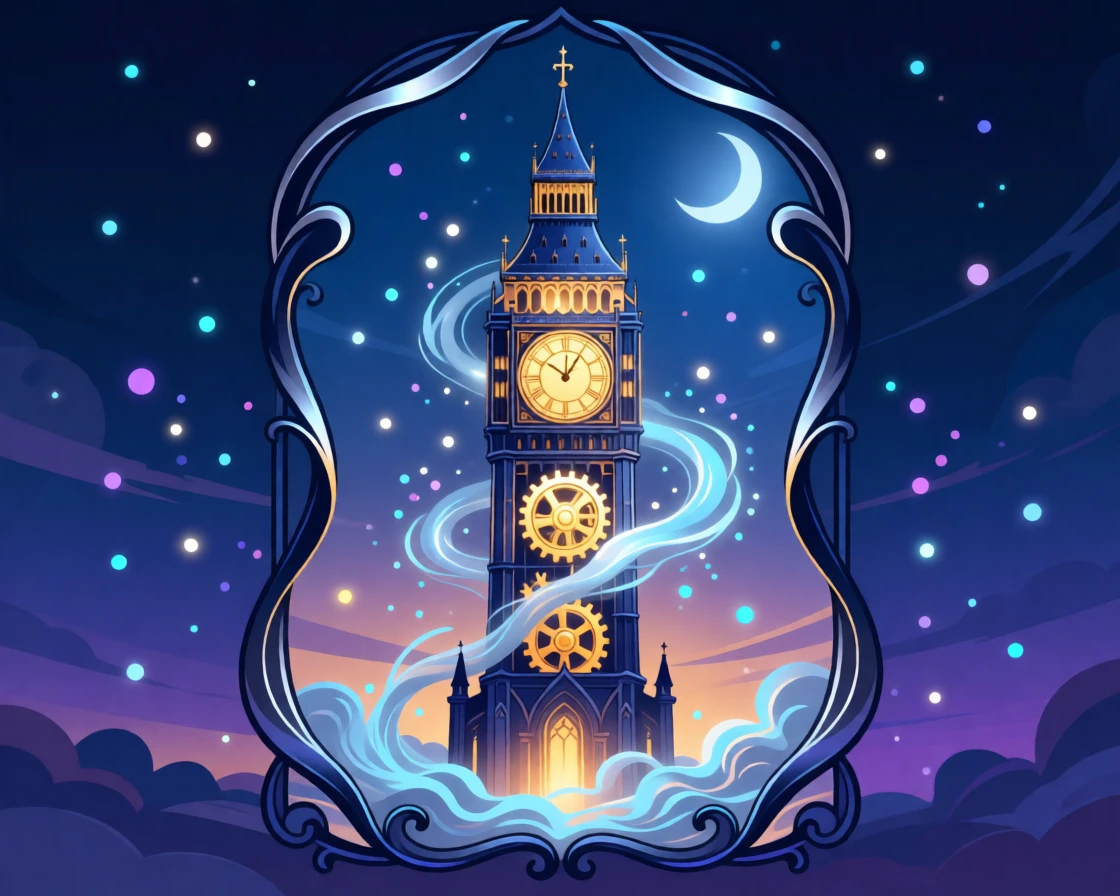 A magical clock tower with gears made of glowing light, surrounded by a magical mist glowing faintly in the moonlight, framed to evoke a sense of magic and enchantment, with subtle magical particles drifting through the air.
