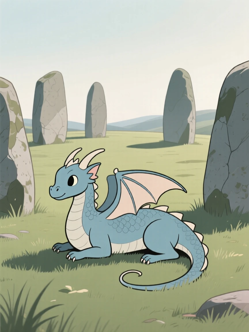 A young dragon resting quietly near an ancient stone circle.
