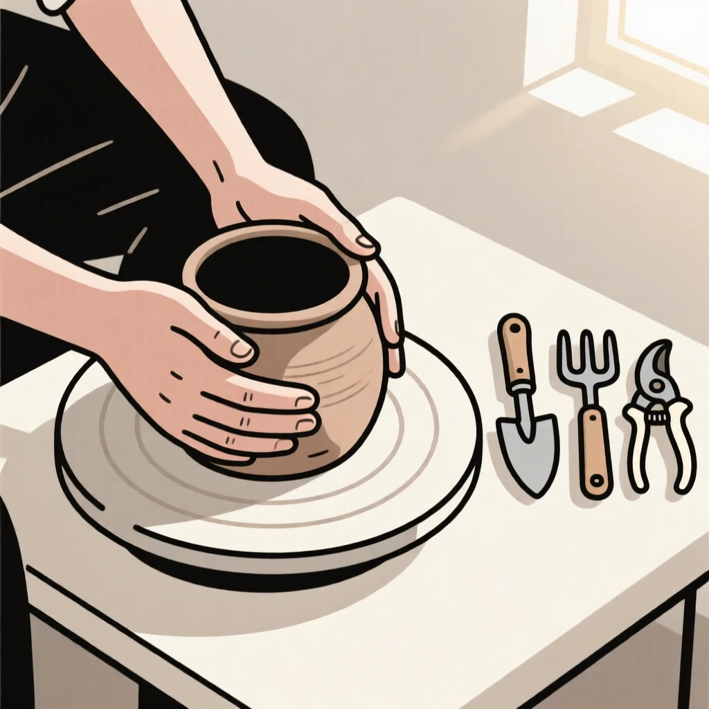 A close view of hands throwing pottery on a wheel near gardening tools in a sunlit studio, full of quiet satisfaction.