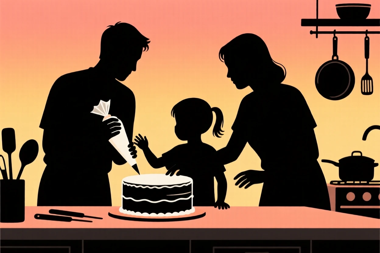A family decorating a homemade cake together in a busy kitchen.