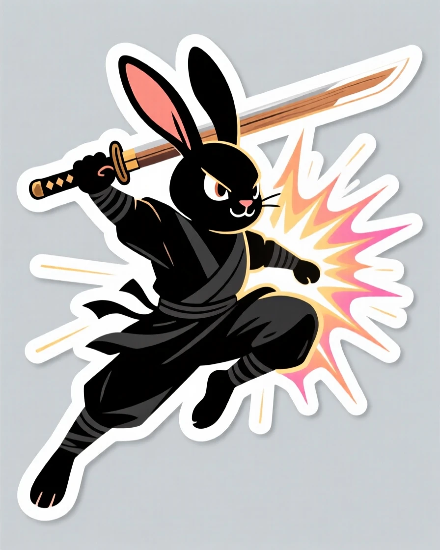 A bold and heroic ninja rabbit mid-leap with a wooden sword, surrounded by glowing special effects, during an exciting made-up adventure.