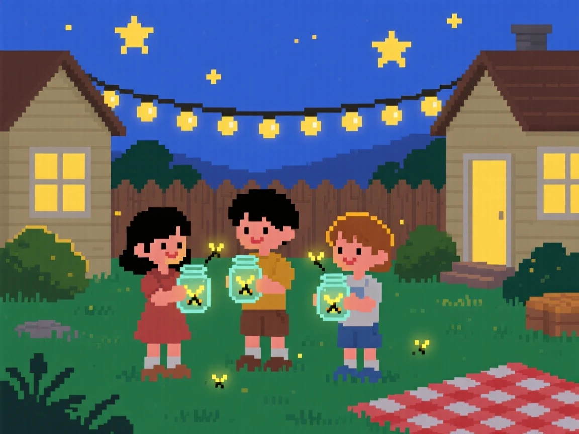 Kids catching fireflies in jars lit by string lights strung between houses, in a backyard set up for a summer evening.