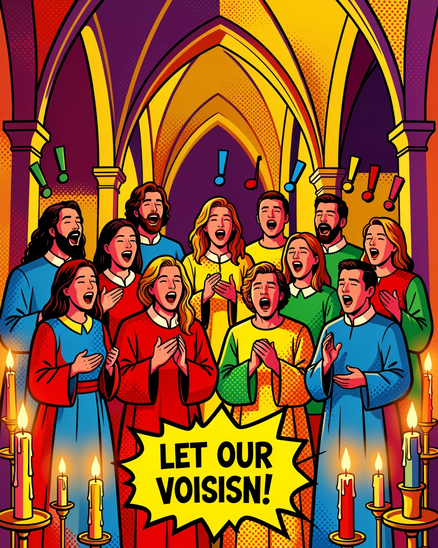A choir singing together in a candlelit cathedral