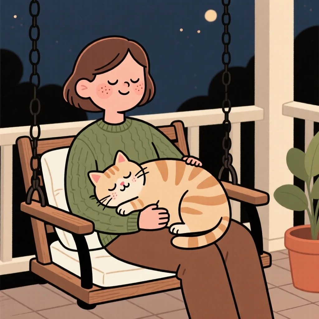 A sleepy cat rests its head on its owner's lap during a quiet evening on the porch swing, both perfectly content.