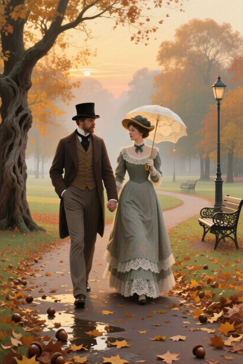 A medium shot of a couple walking hand in hand through a park carpeted with fallen autumn leaves, just after sunrise, in the Victorian era.