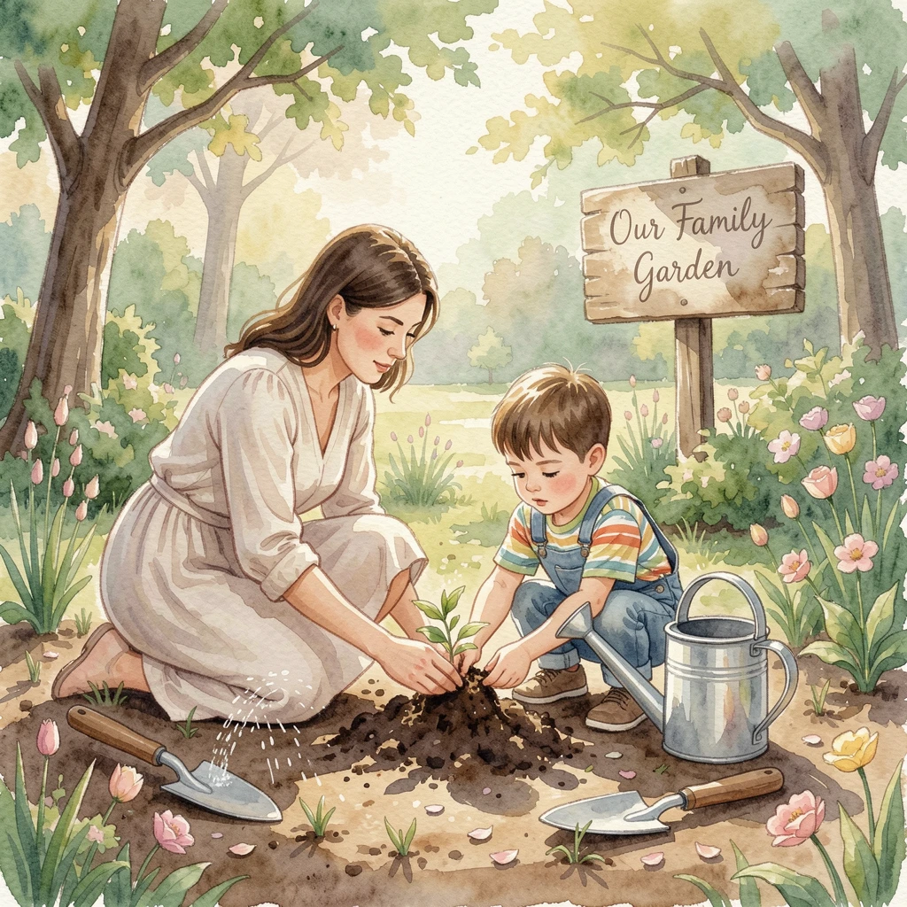 A mother teaching her son to plant a garden surrounded by a comforting, familiar setting.