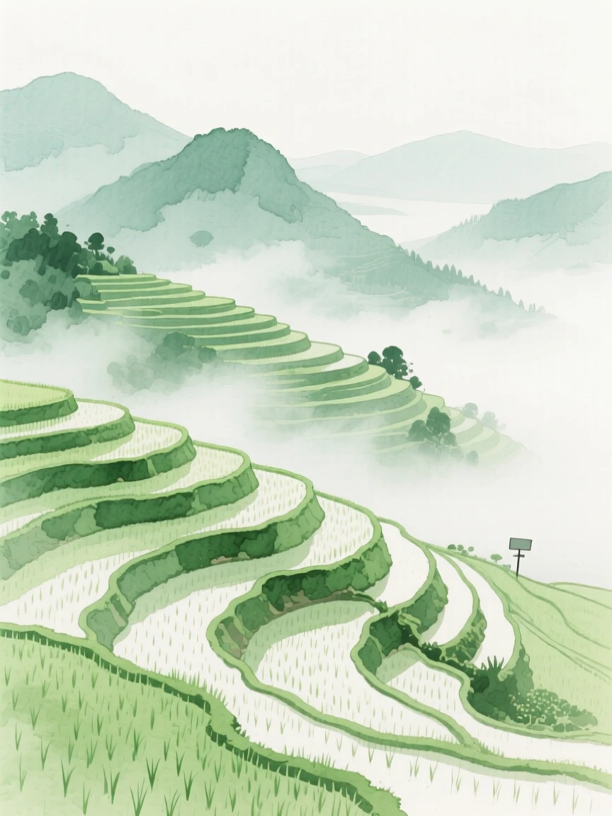 A tranquil rice terrace curves along a mountainside in vivid green layers beneath a soft morning mist