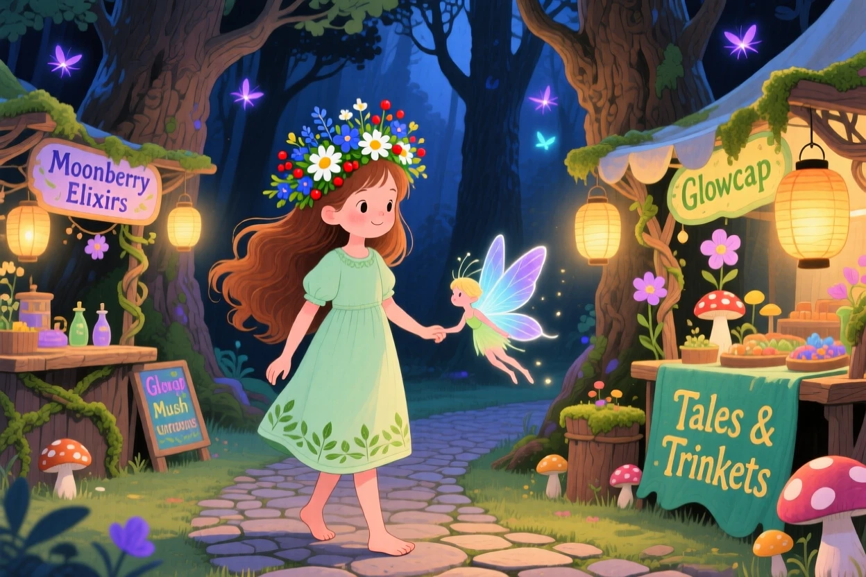 A barefoot girl with flowers in her hair and a tiny fairy with glowing wings exploring a lantern-lit night market for woodland folk together.