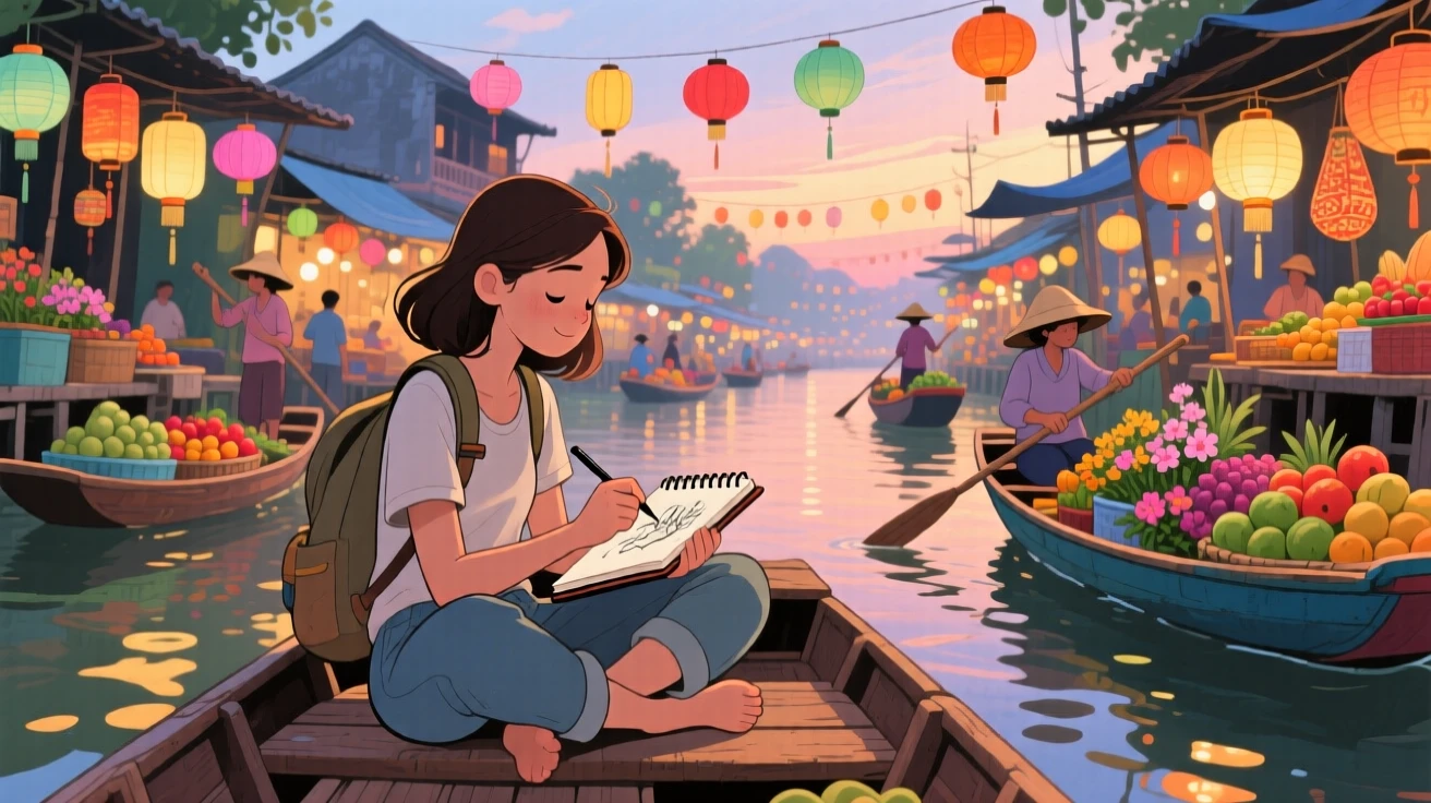 A solo traveler sits sketching in a small notebook amid the glowing lanterns of a floating market in Vietnam, filled with the romance of travel.