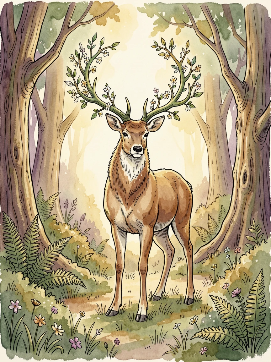 A great stag with antlers made of living branches standing in an enchanted grove, a soft magical glow illuminating the entire scene.