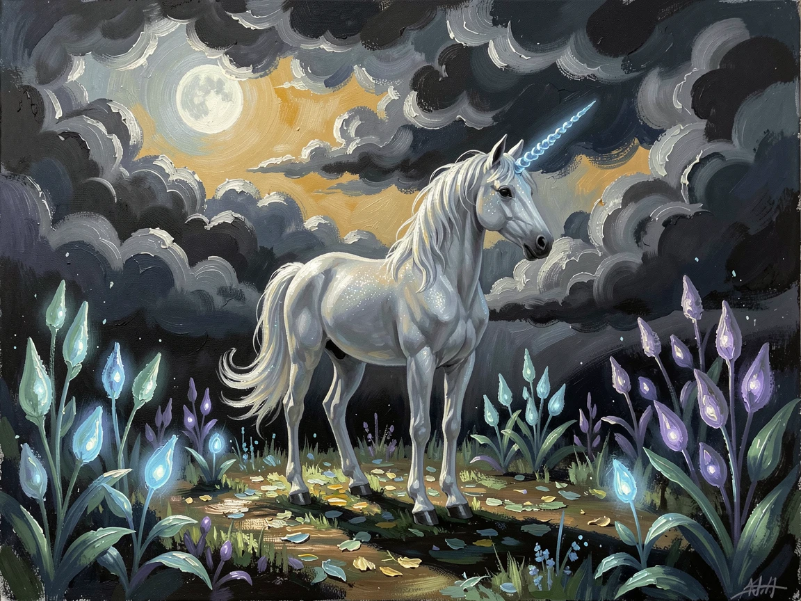 A graceful unicorn standing in a moonlit clearing, clouds parting to reveal a hidden realm beyond, surrounded by softly glowing bioluminescent plants, as golden light breaks through parting storm clouds.