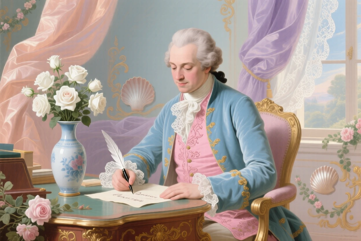 A gentleman writing a love letter beside a vase of white roses  