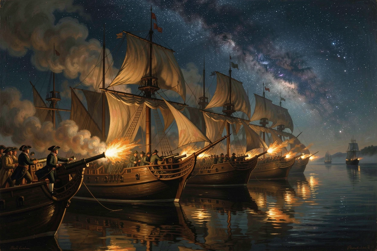A fleet of warships fires its cannons across calm waters under a starlit sky while the crew braces for the worst.