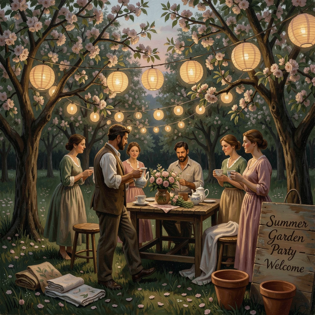A summer garden party with lanterns strung between blooming trees, with authentic seasonal textures like snow, leaves, or blossoms, designed to bring festive cheer to any home or gallery wall
