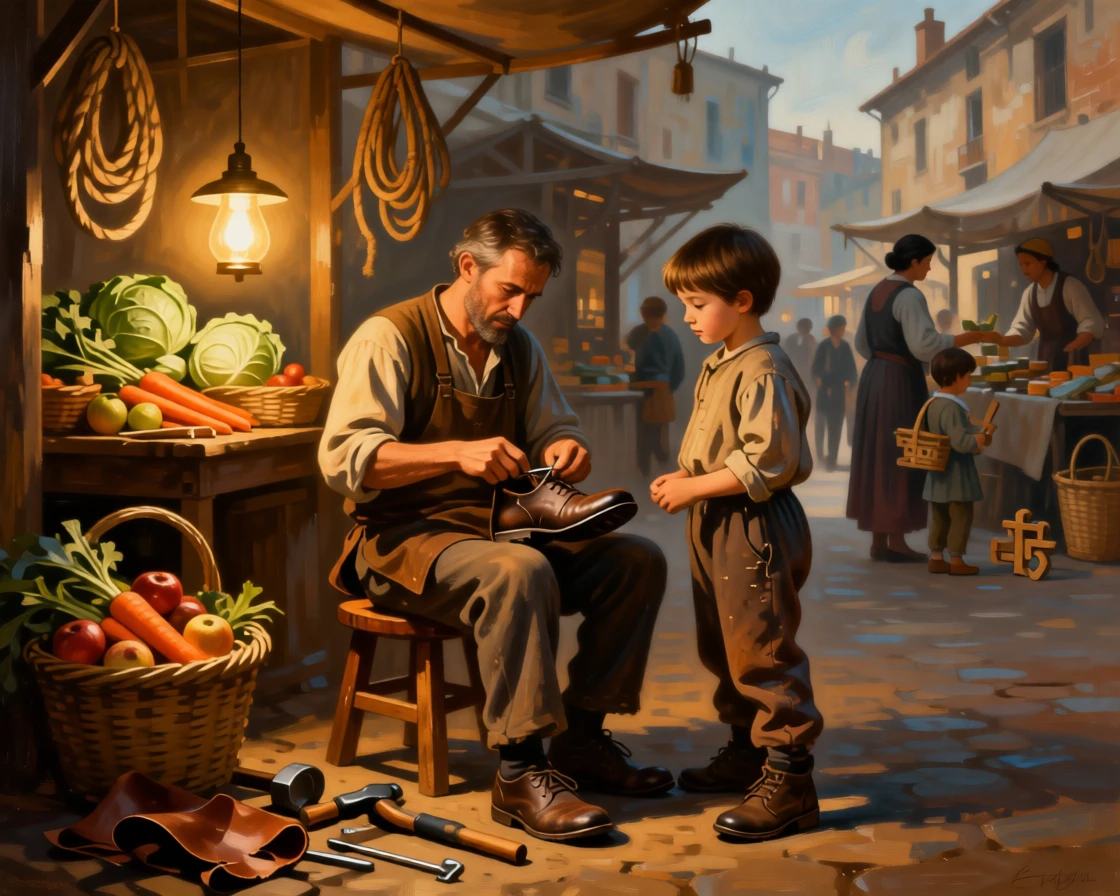 A cobbler carefully mending a child's worn shoe by lamplight at the gentle heart of a simple daily ritual, set within a bustling market square filled with color and life, with baskets of produce, coils of rope, and tools of an honest trade; background activity adds gentle life without distracting from the center, evoking dignity, warmth, and the quiet poetry of daily life.
