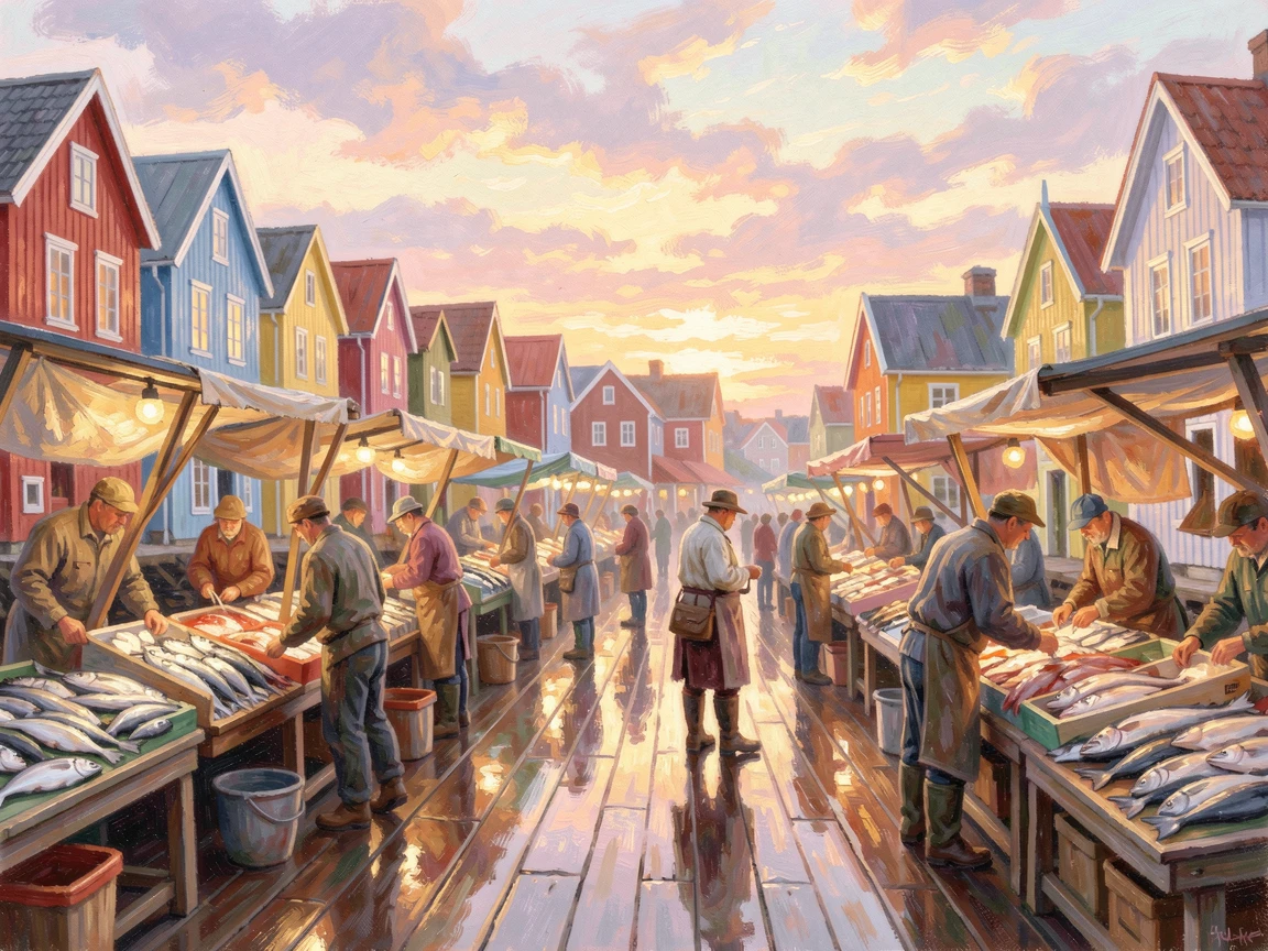 A busy fish market on the docks of a Norwegian fishing village beneath colorful wooden houses, under a glowing sunset sky.