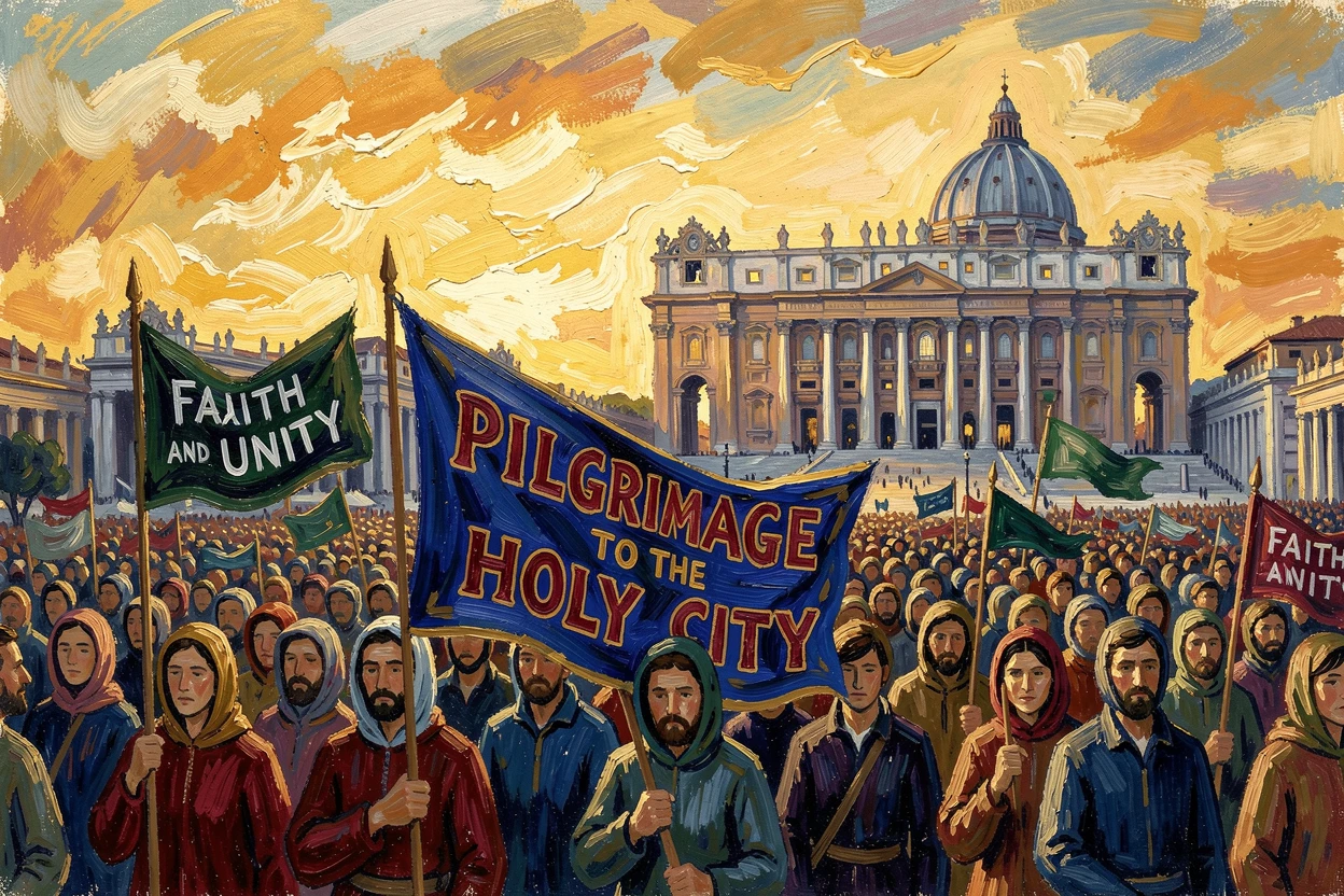 A grand pilgrimage procession approaching the Vatican beneath a golden evening sky.