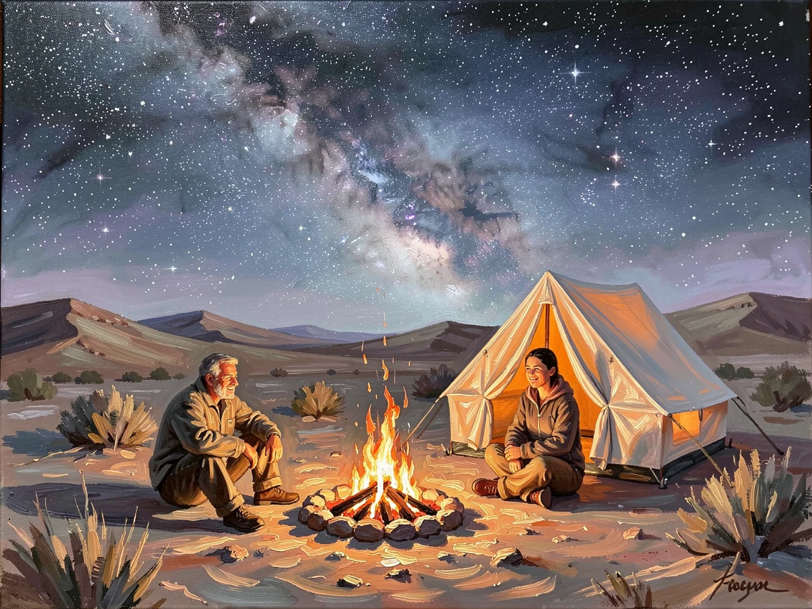 A cozy campsite glows beneath a star-filled sky in the desert, a small fire crackling as a tent glows softly nearby under the Milky Way, a quiet sense of accomplishment visible in the posture and expression of those involved.