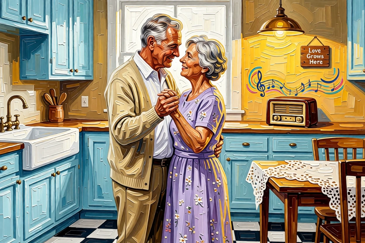 An elderly couple slow dancing together in their kitchen to music from an old radio