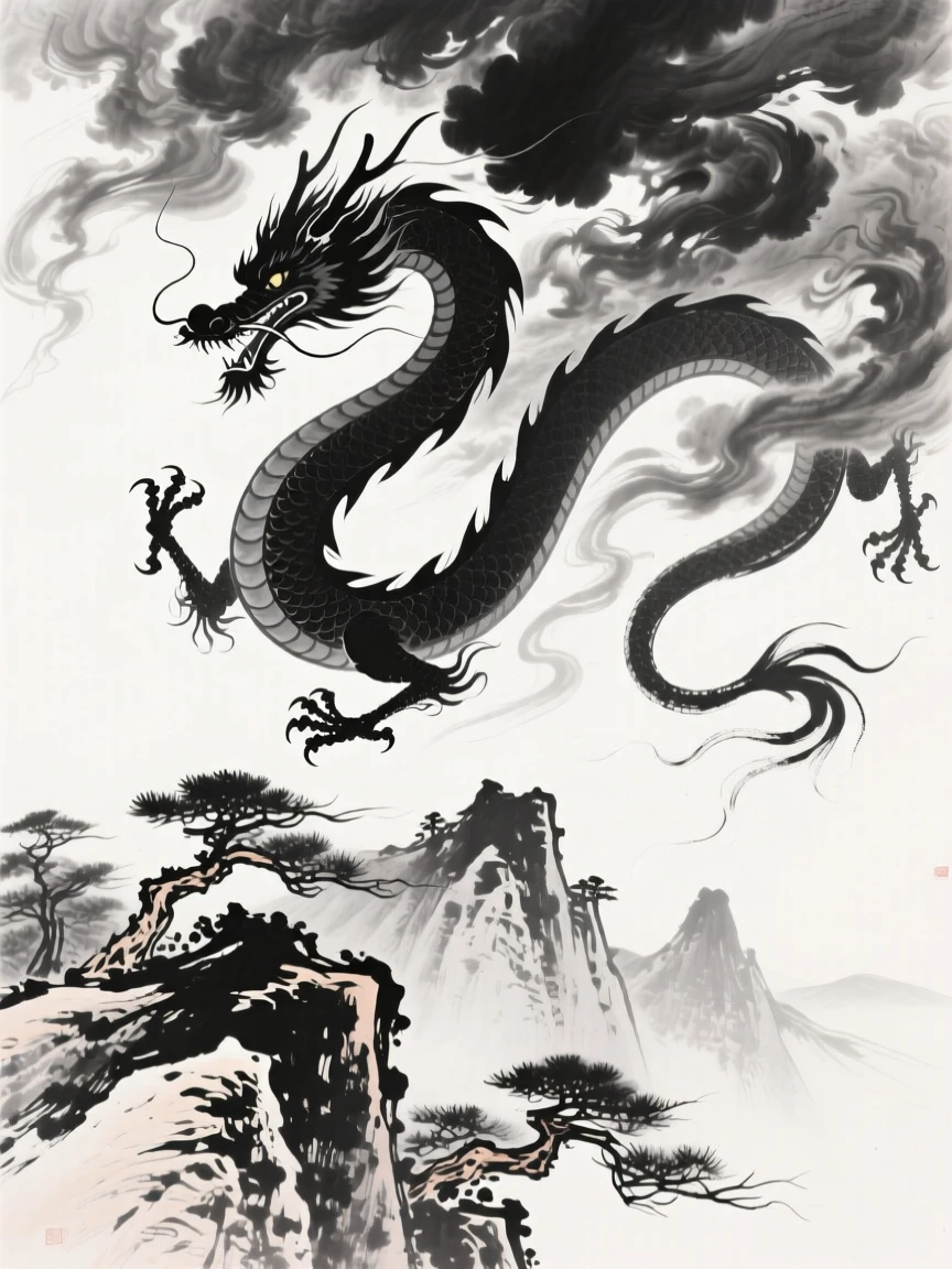 A great dragon coils among storm clouds above a mountain range, with wind bending the trees along the ridgeline.