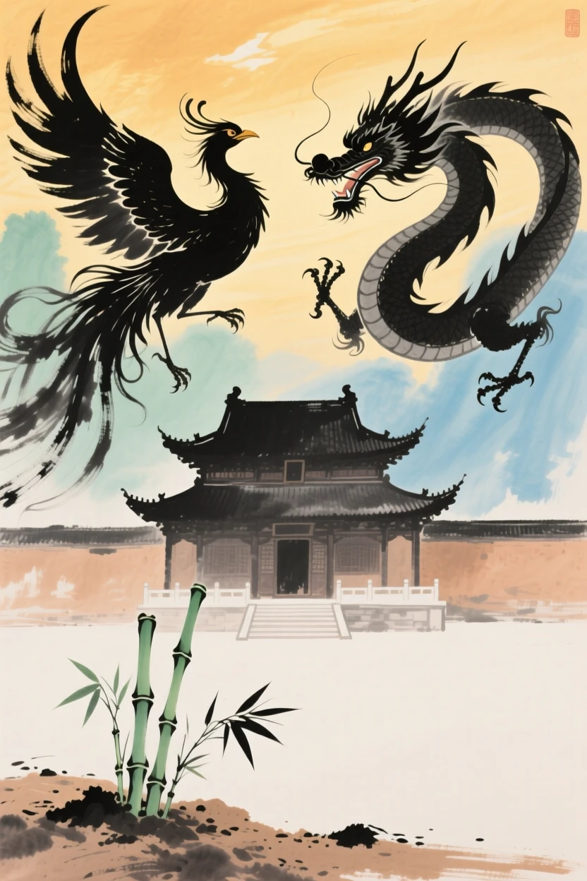 A phoenix and dragon circling above a temple bathed in golden light, as new bamboo shoots break through the soil.
