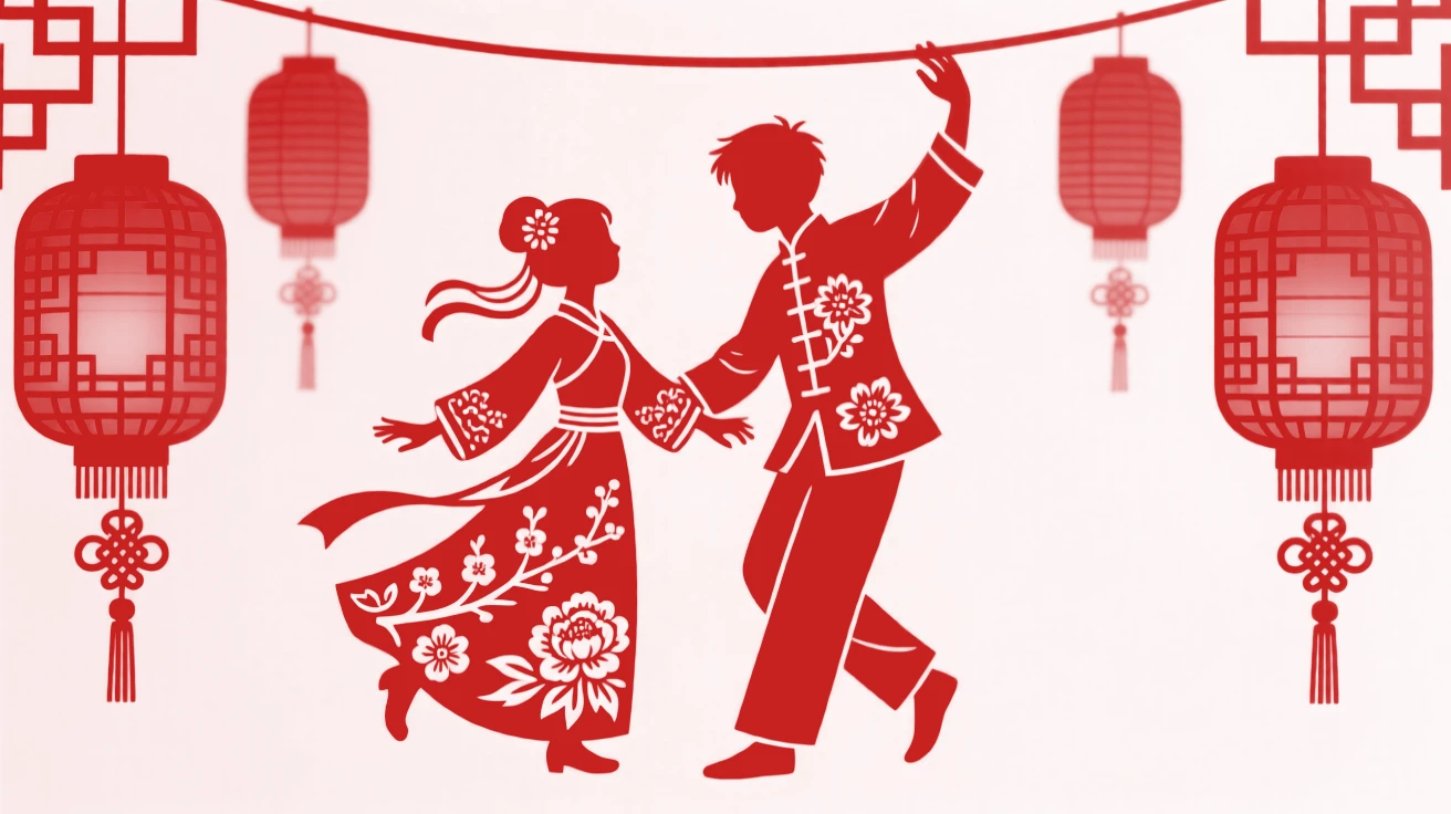 A young couple dancing together beneath strings of red lanterns, red lanterns glowing warmly in the background.