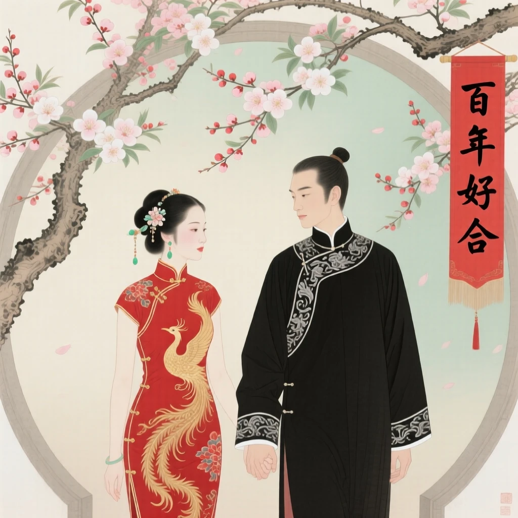 A bride and groom walking hand in hand beneath an arch of blossoms