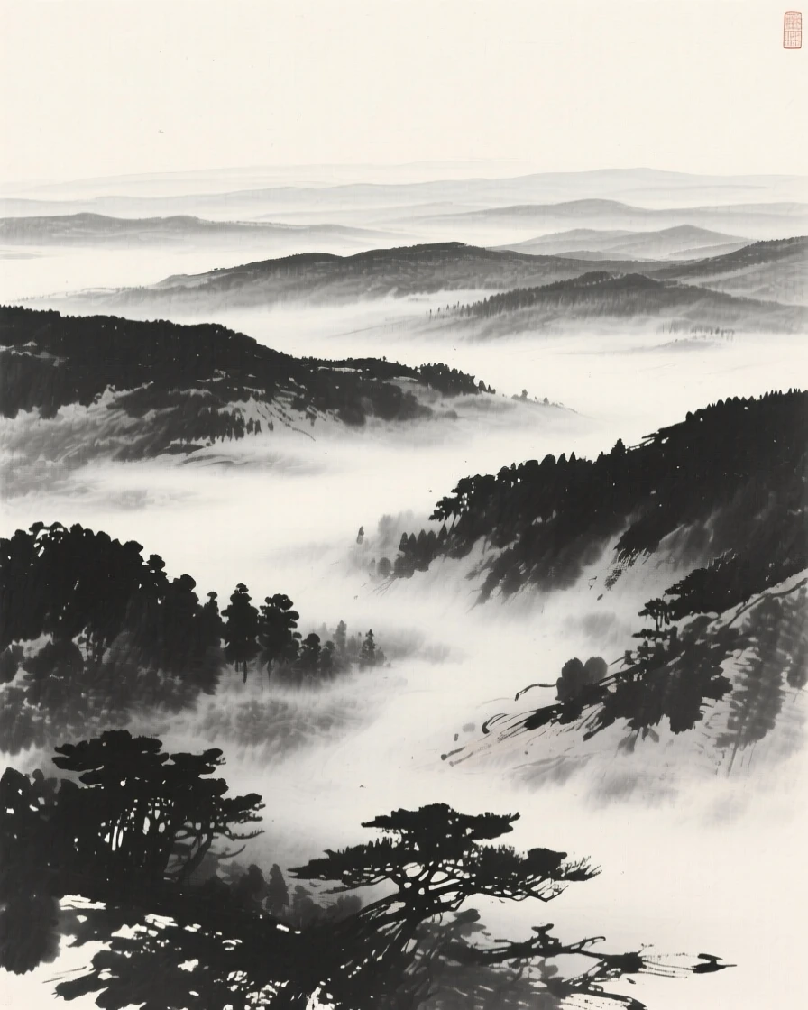 A remote valley wrapped in low-lying morning mist as thin mist rolls slowly through the lower valley, viewed from a high vantage point looking down across the whole scene, suggesting the quiet vastness of the natural world.