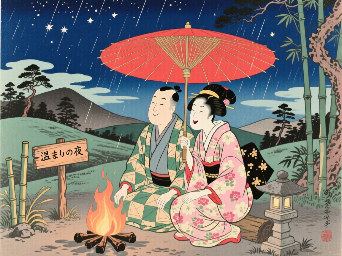 A couple sharing an umbrella laughing together around a warm campfire.