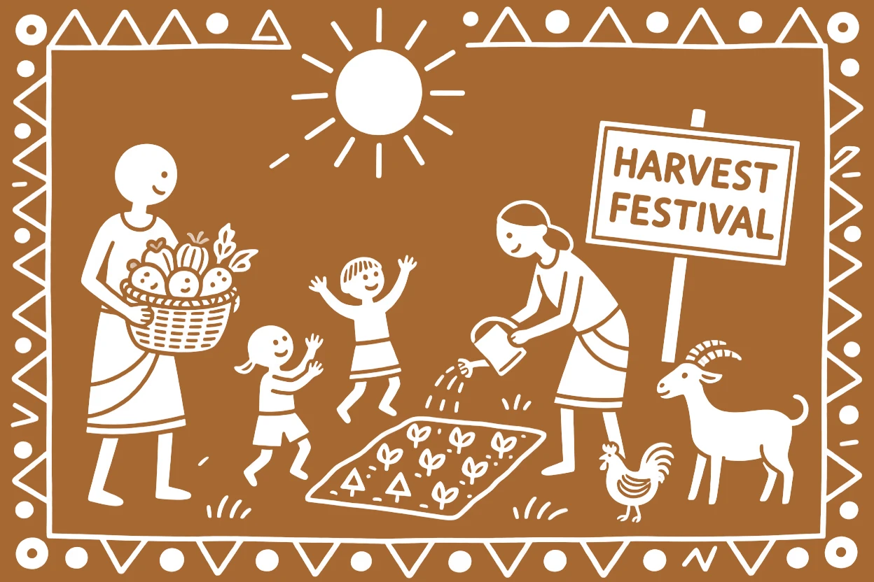 A family celebrating a successful harvest tending to a small vegetable garden.