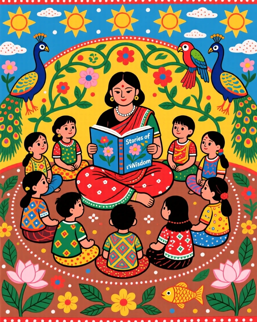 A teacher reading stories to a circle of attentive children outdoors.