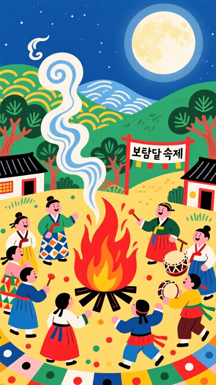 A village gathered around a bonfire during a full moon festival.