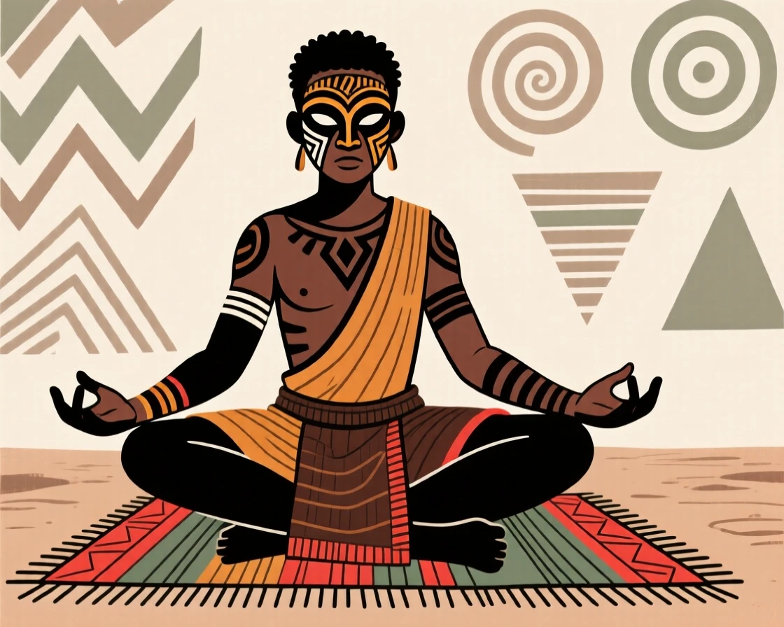 A young initiate warrior seated cross-legged while working with practiced hands.