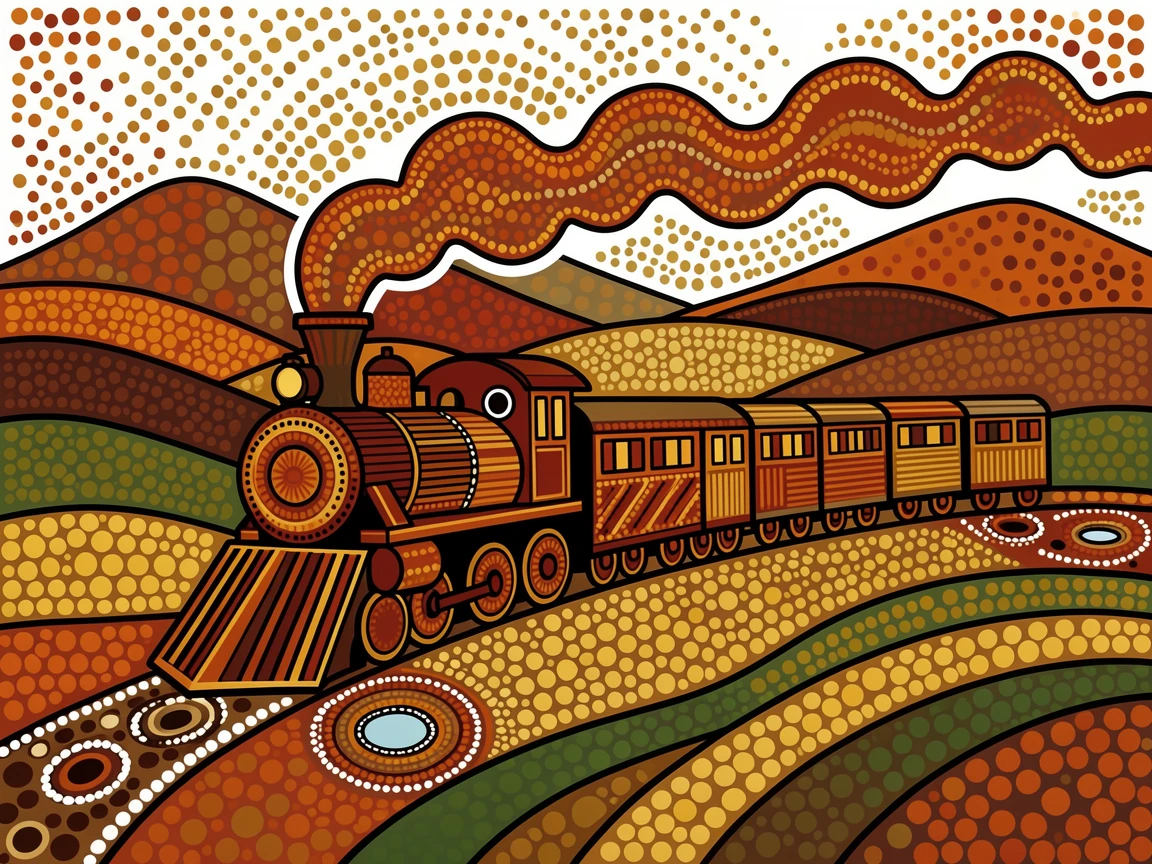 A vintage train winding through autumn mountains over rolling hills