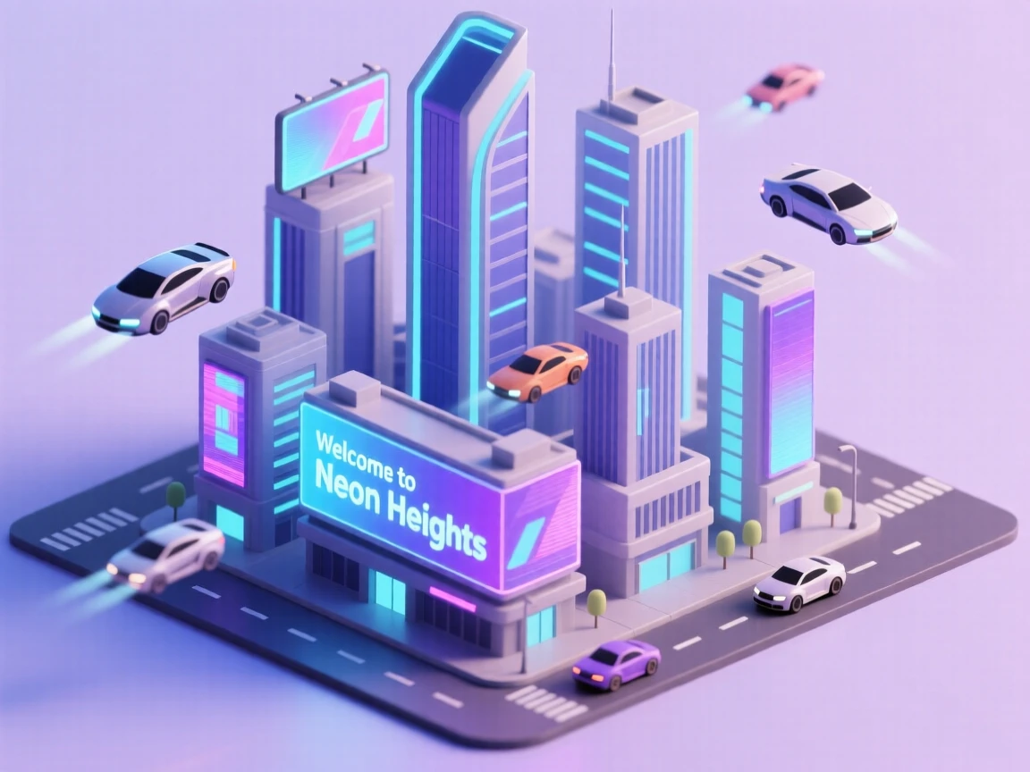 A futuristic city skyline with flying cars weaving between neon-lit skyscrapers and holographic billboards glowing above.