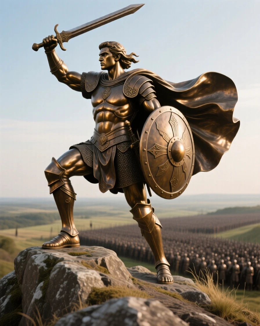 A warrior standing atop a hill overlooking his army, captured at the peak of a powerful movement, forming a strong central focal point