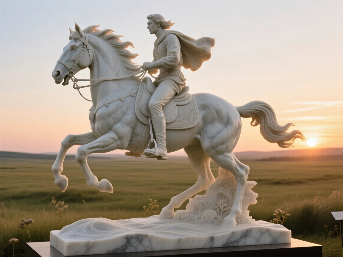 A beautifully composed image of a rider galloping across an open plain at sunset, surrounded by soft, glowing light, full of atmosphere and visual storytelling