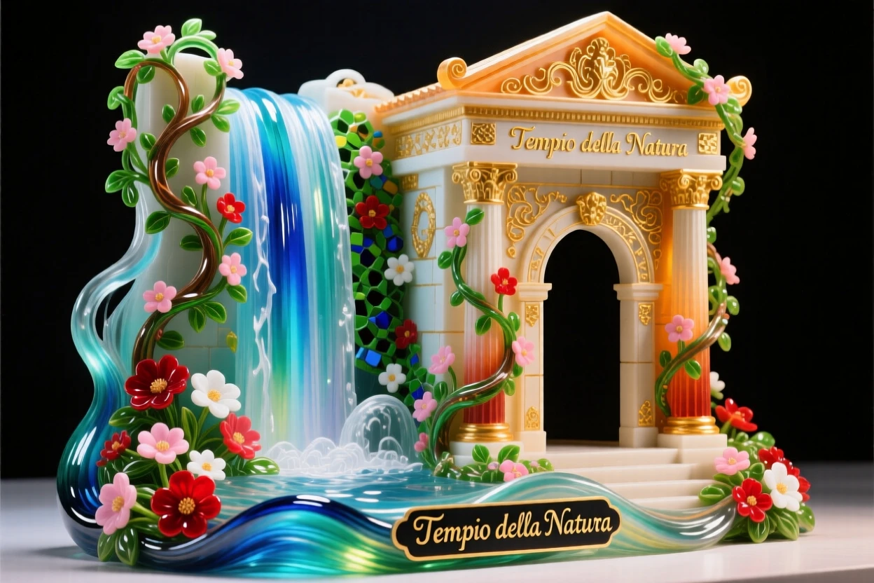 A grand waterfall cascading beside an ancient temple wrapped in blooming vines, mystical and lush.