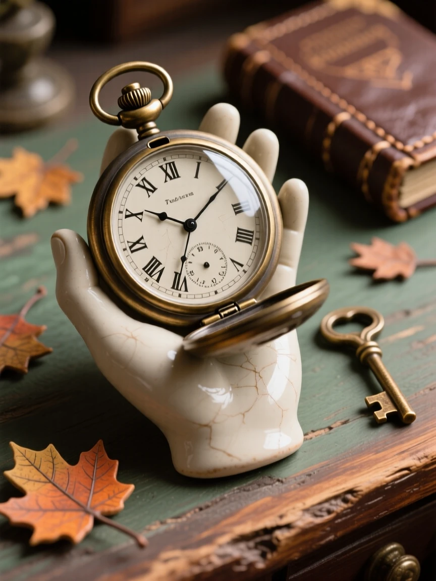 An old-fashioned pocket watch mid-tick captured mid-use in a nostalgic tableau, framed by a scattering of small complementary props, conveying a cozy, storybook atmosphere.