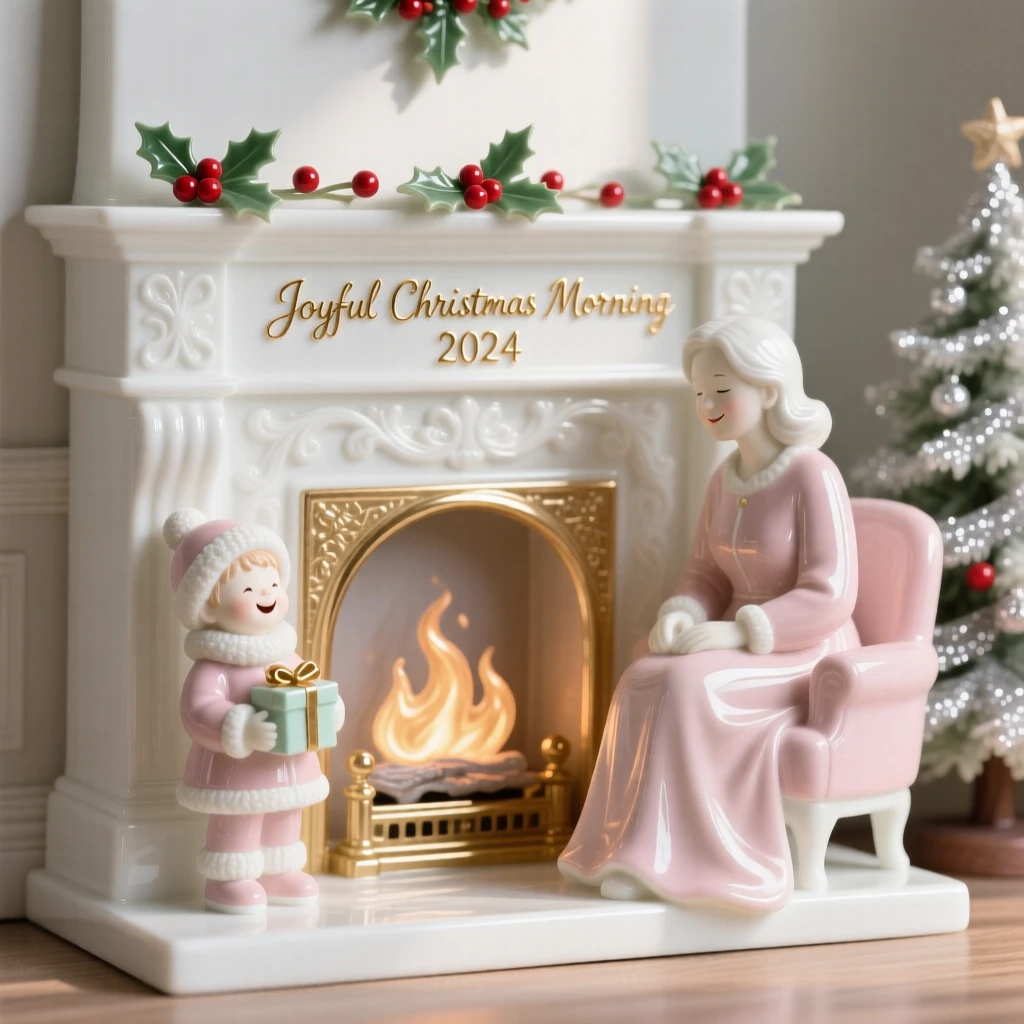 A joyful Christmas morning by the fireplace scene, the air filled with festive energy.