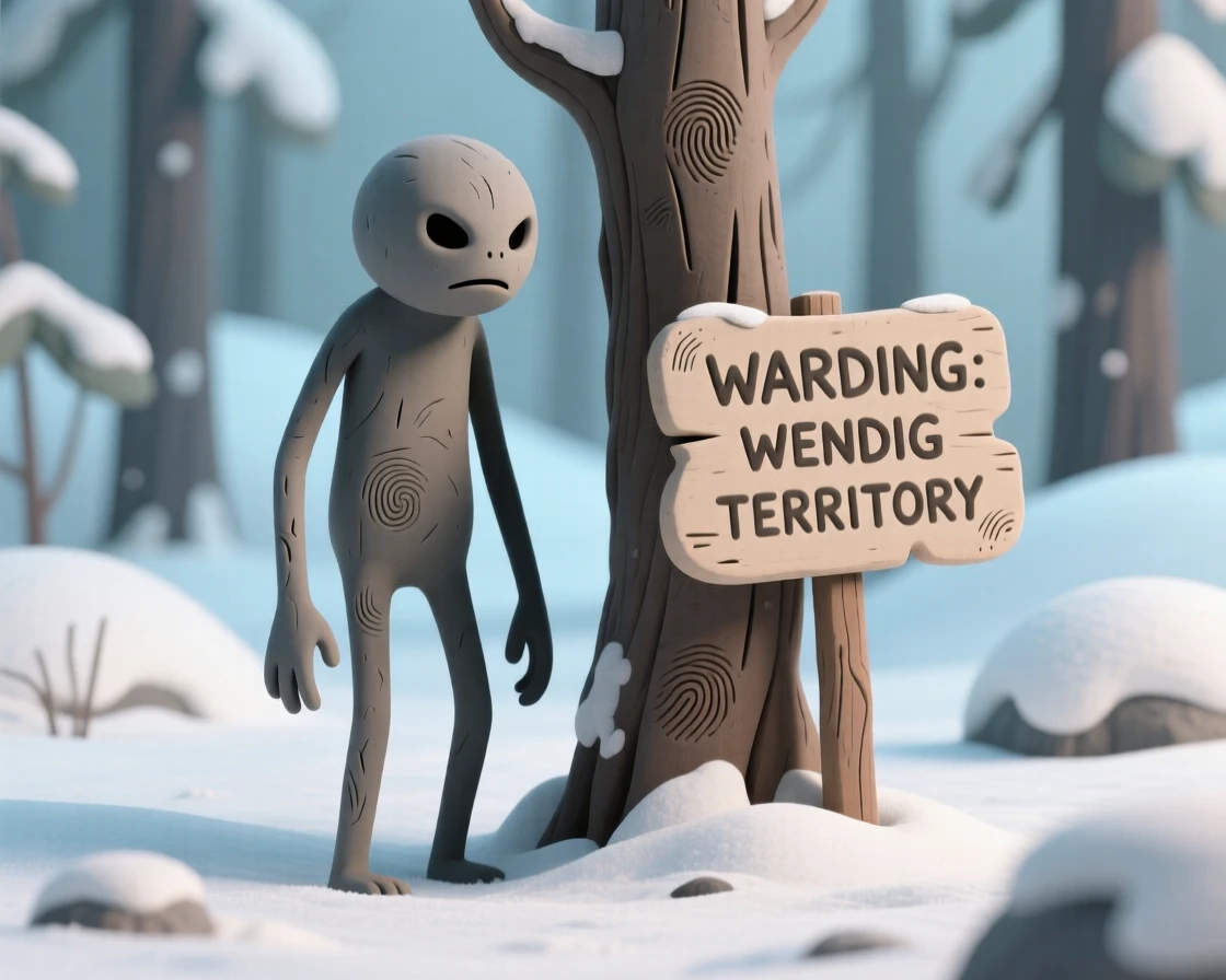 A wendigo silhouette lurking at the edge of a snowy forest