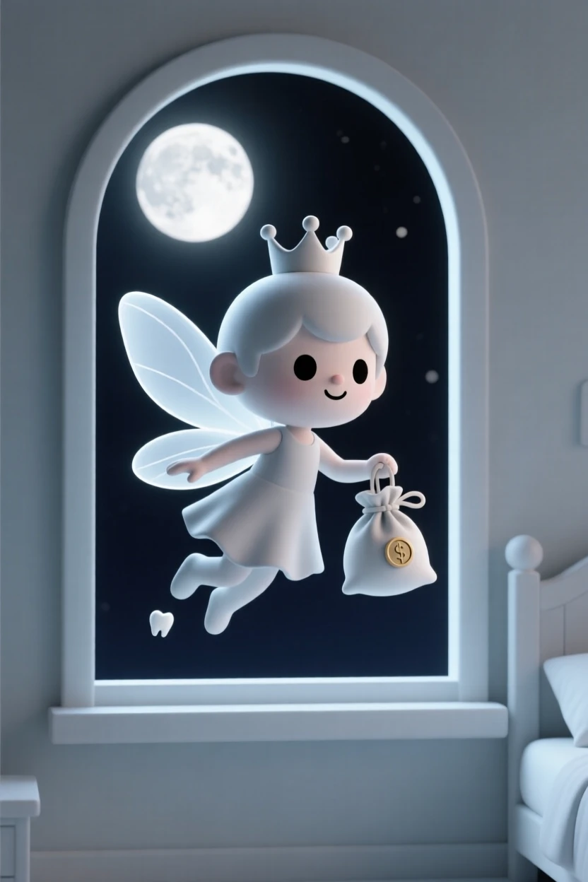 A curious tooth fairy flutters through a moonlit bedroom window, tiny sack of coins glinting softly.