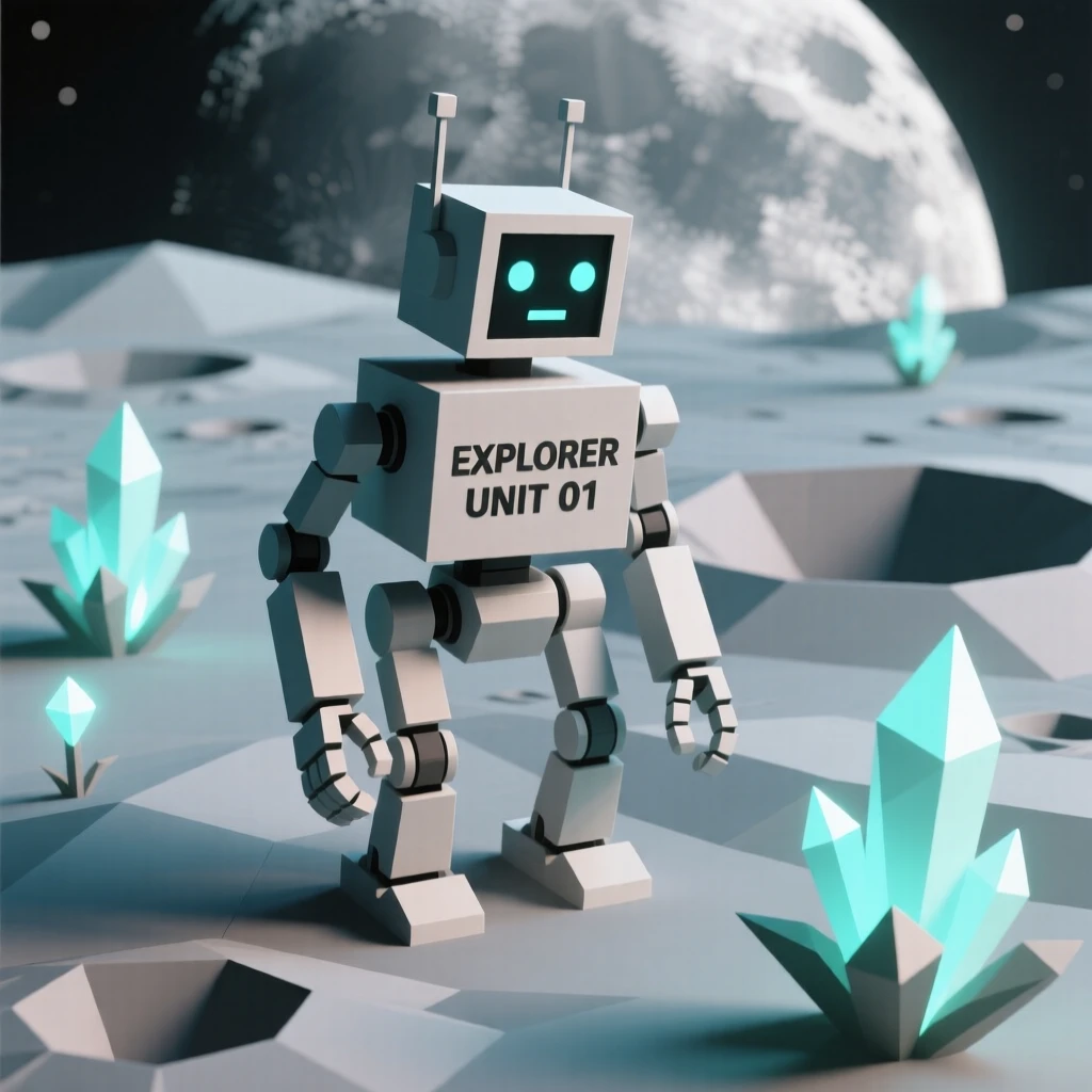 A robot exploring the surface of a distant moon, surrounded by glowing bioluminescent light. rich color gradients enhance the dreamlike atmosphere. The mood feels futuristic and full of possibility.