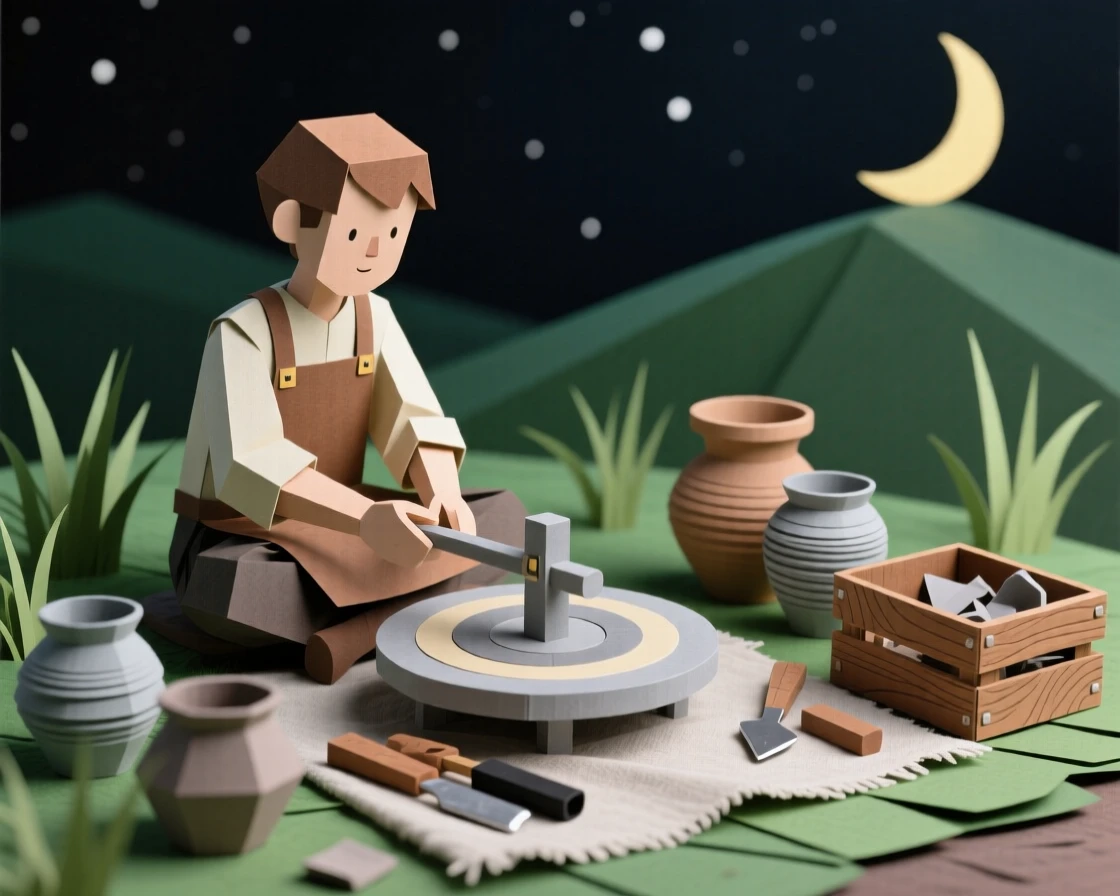 A skilled potter set up on a quiet hilltop at night, with tools and materials scattered nearby, evoking calm and personal fulfillment.