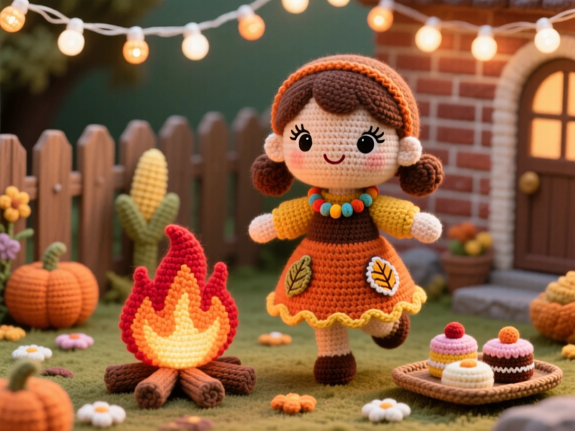 a little girl wearing a beaded necklace, for a harvest celebration, is shown dancing joyfully around a bonfire in a cozy family courtyard set for a celebration beside a small tray of traditional sweets nearby, capturing heartfelt togetherness during a special gathering.